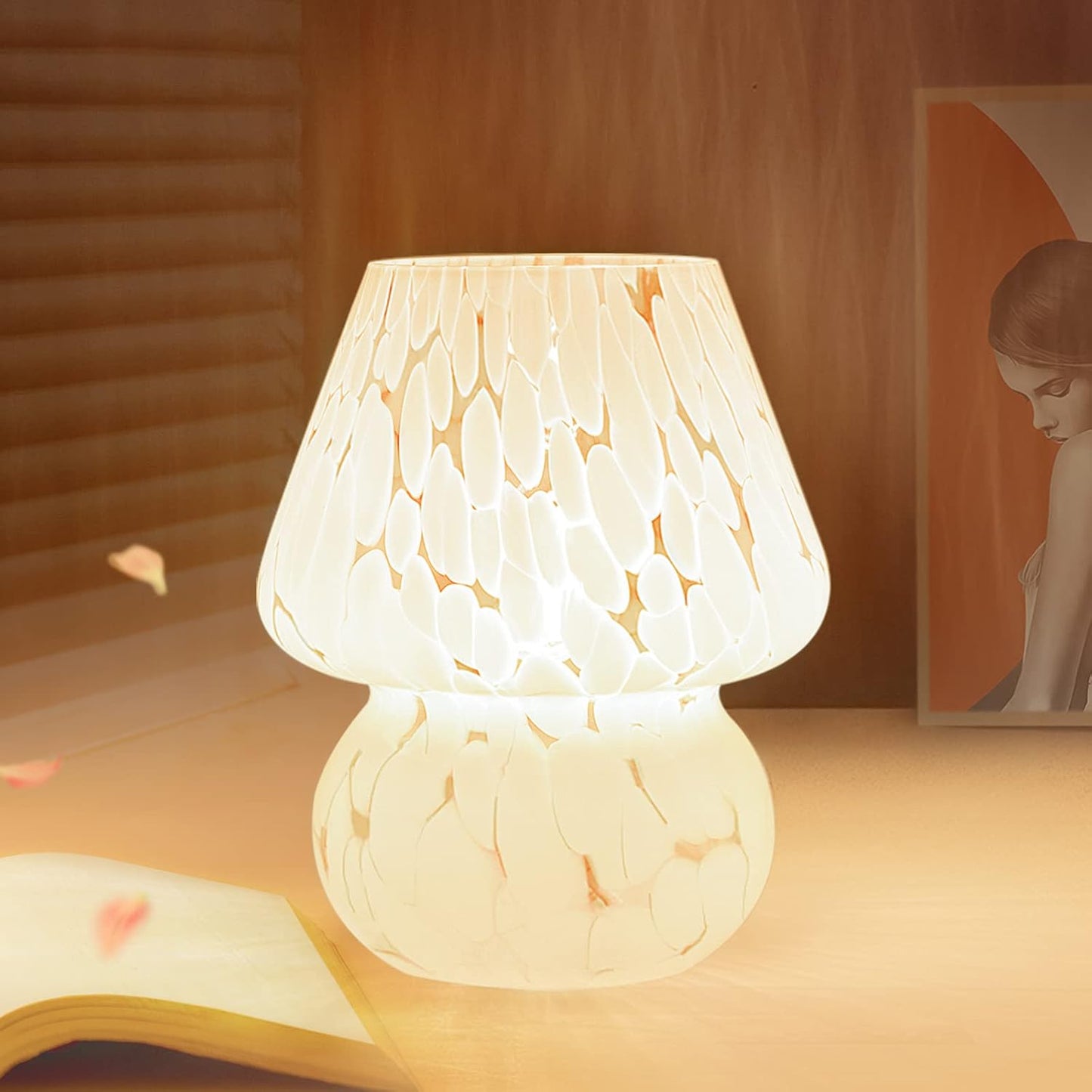 ONEWISH Mushroom Lamp Small Bedside Table Lamp-Nightstand Nightlight Dimmable Stepless, Translucent Glass White Desk