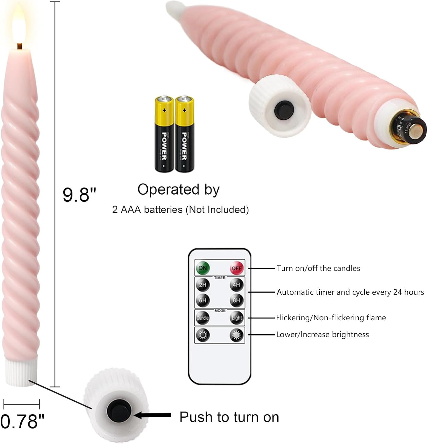 Pink Flameless Taper Candles Flickering with Remote Timer | LED Spiral Taper Candles, Flameless Candlesticks, Battery