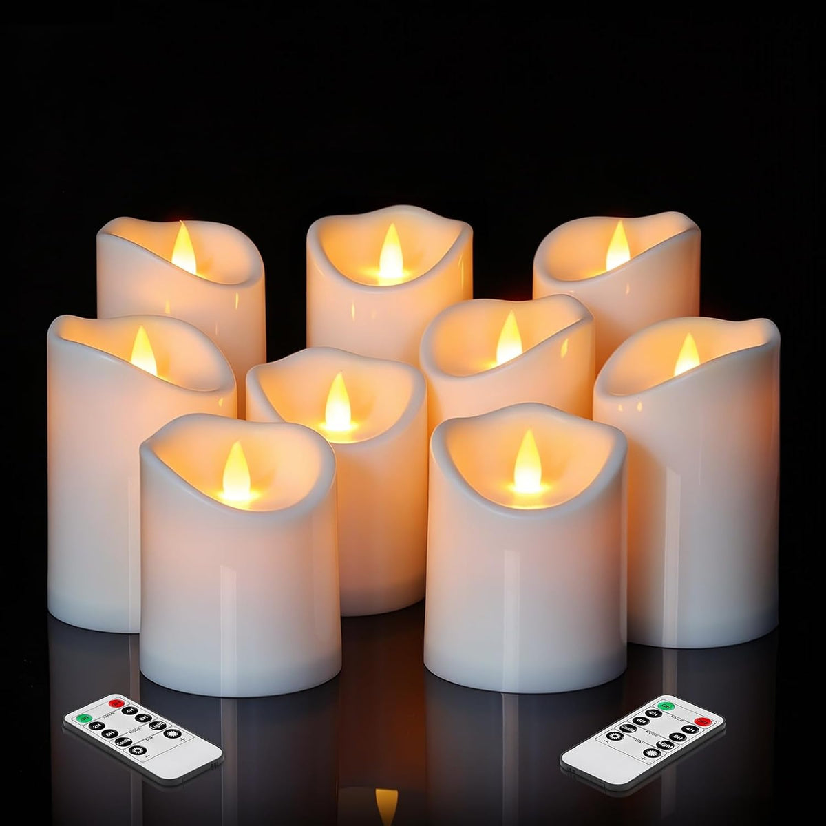 antizer Flameless Candles Set of 9 Plastic LED White Pillars with 2 Remotes & Timer, Battery Operated Outdoor Decor for Garden Patio, Wedding & Home Festival (White - 3" D x 9 Pack)