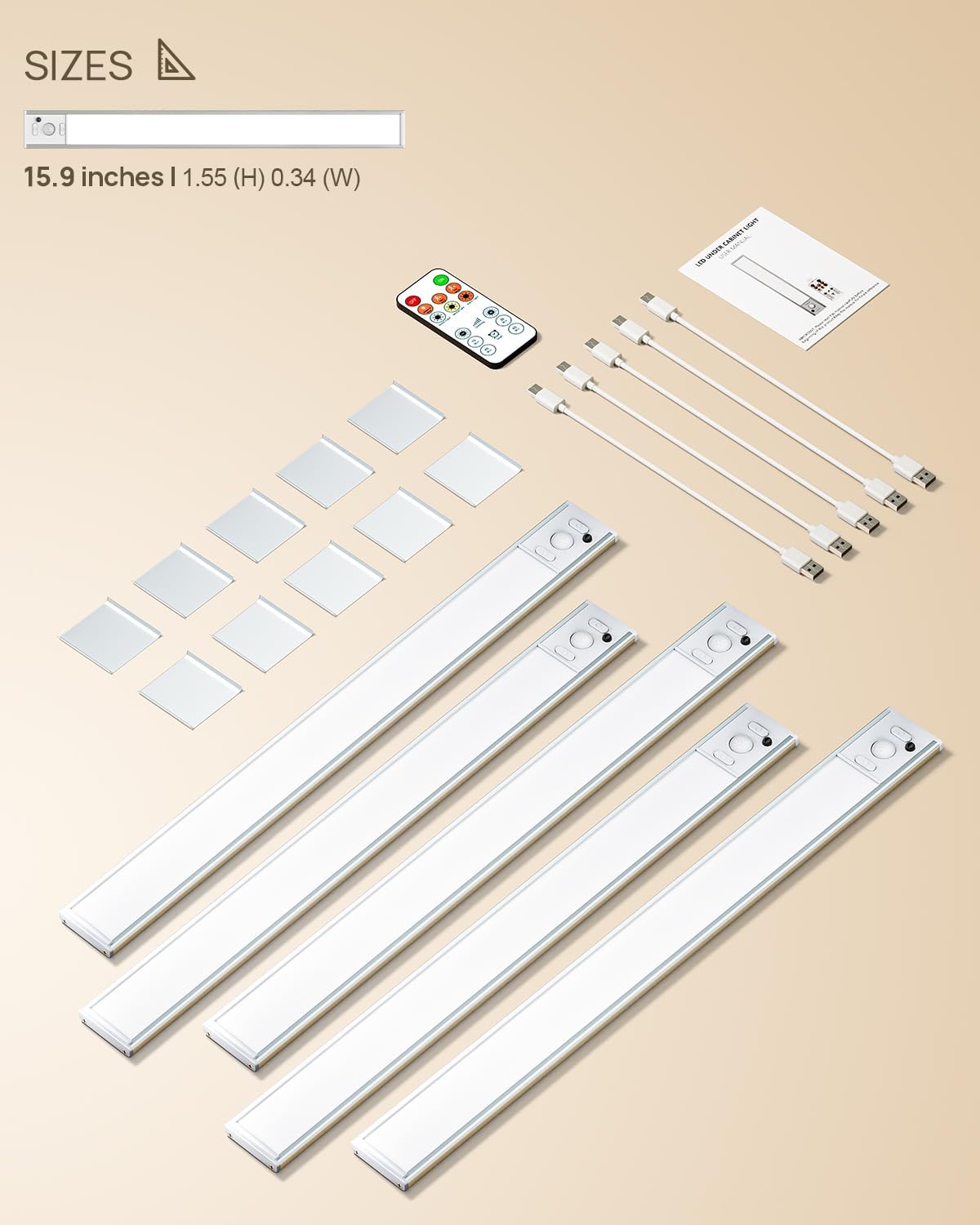16inch Under Cabinet Lighting Wireless 5 Pack, Rechargeable Motion Sensor Light Indoor, Closet Lights with Remote, 3