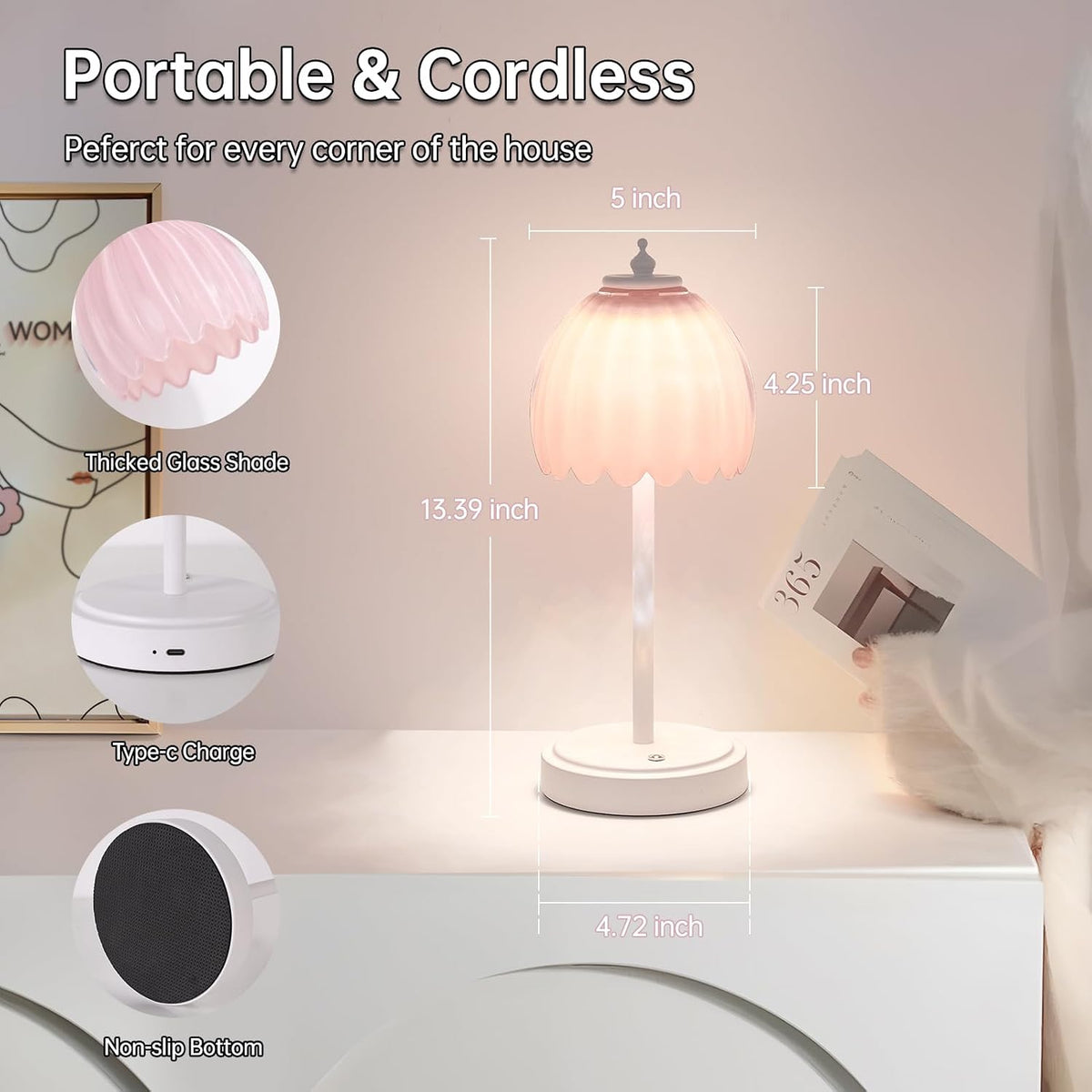 Shenmoyl Rechargeable Table Lamp with 5200mAh Battery & Touch Control - 3 Adjustable Color Temperatures, Cordless