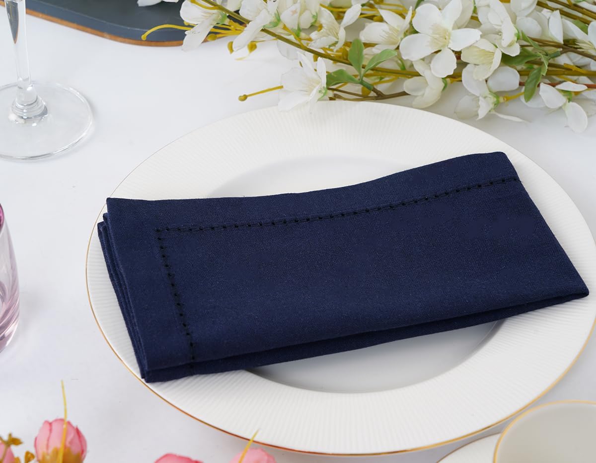Blue Needles Navy Blue Hemstitch Linen Napkins Set of 12-100% Cotton Cloth Dinner Napkins 18x18 inches, Soft, Reusable