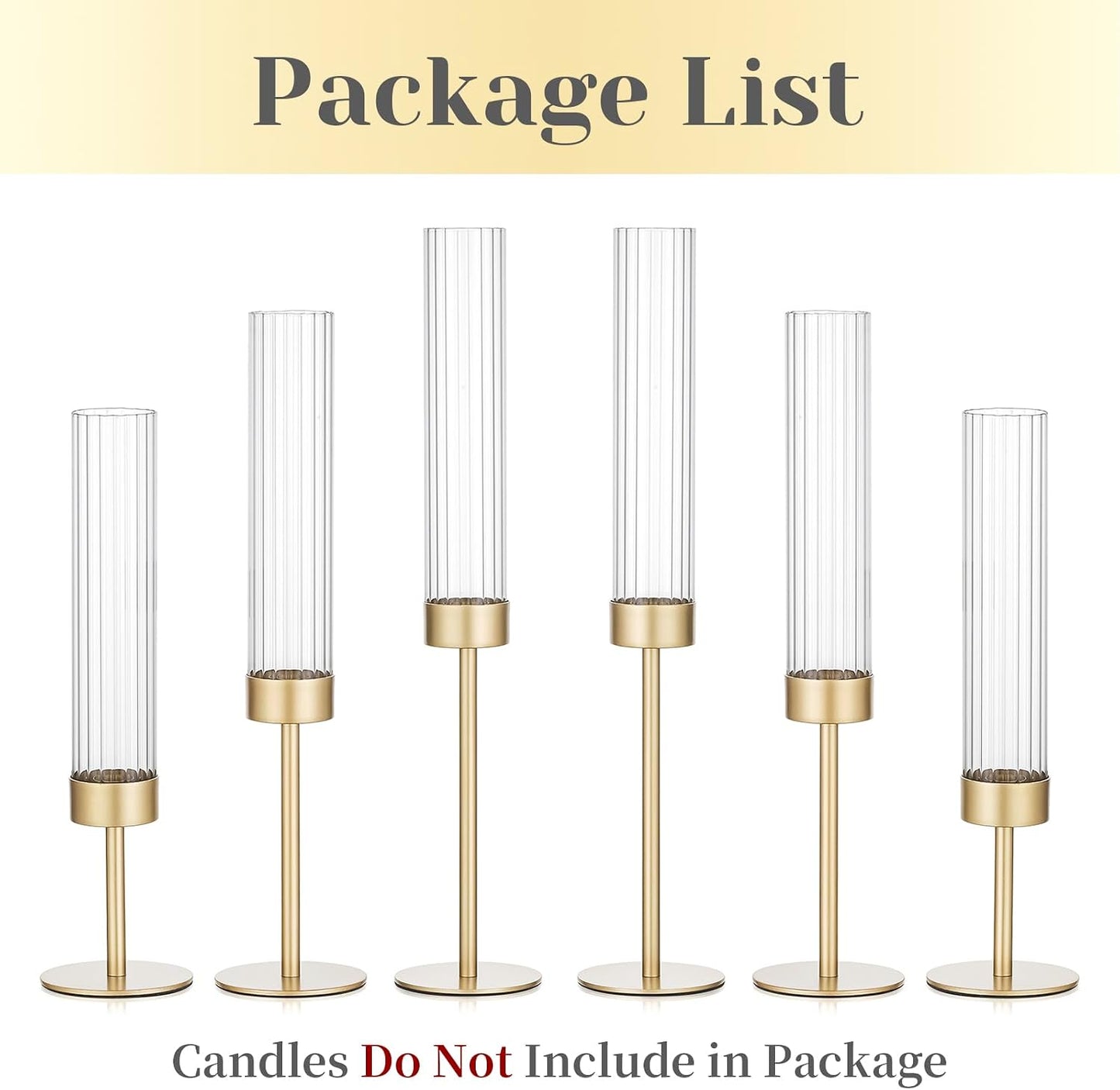 Hewory Gold Hurricane Candle Holder: 6PCS Candlestick Holders for Decor | Ribbed Glass, Brass Taper Candle Holders at 3