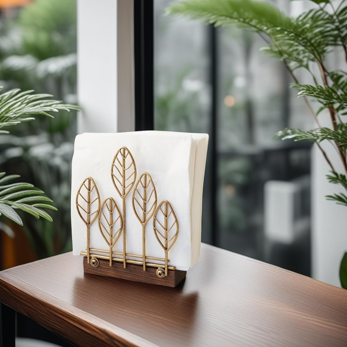 Wooden Base Metal Wrought Iron Vertical Napkin Holder Golden Mini Tree-Shaped Tissue Holder