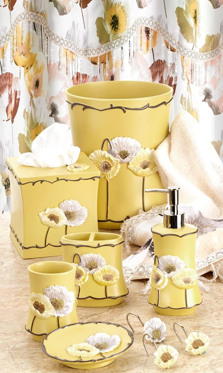 Zahari Home 4pc Poppy Fields Yellow Bathroom Accessories Set Hand Soap Dispenser, Tumbler, Tooth Brush Holder and Soap