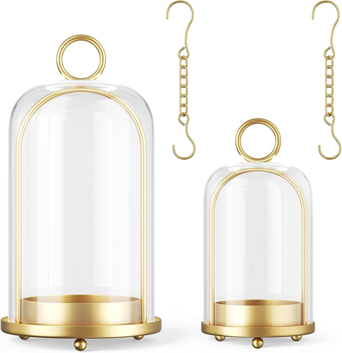 Metal Candle Holder, 5"&4" Wide Hurricane Glass Candle Holders with Handmade Glass Dome, Hanging Brass Candle Lantern