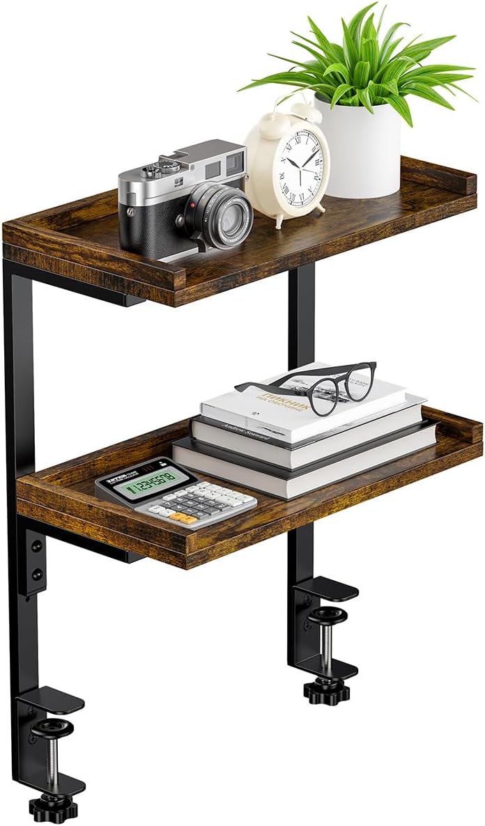 Clamp On Desk Shelf 2-Tier, 12.6 inche Wood Shelving Unit for Office Desk/Gaming Accessories, Tabletop Book Storage