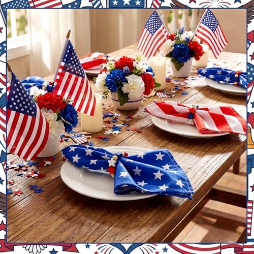 Qinyoung 8 Sets Patriotic Cloth Napkin and Star Napkins Rings 4th of July Wooden Red White and Blue Napkin Ring Holder 250th Anniversary Veterans Day Election Independence Day Table Decoration