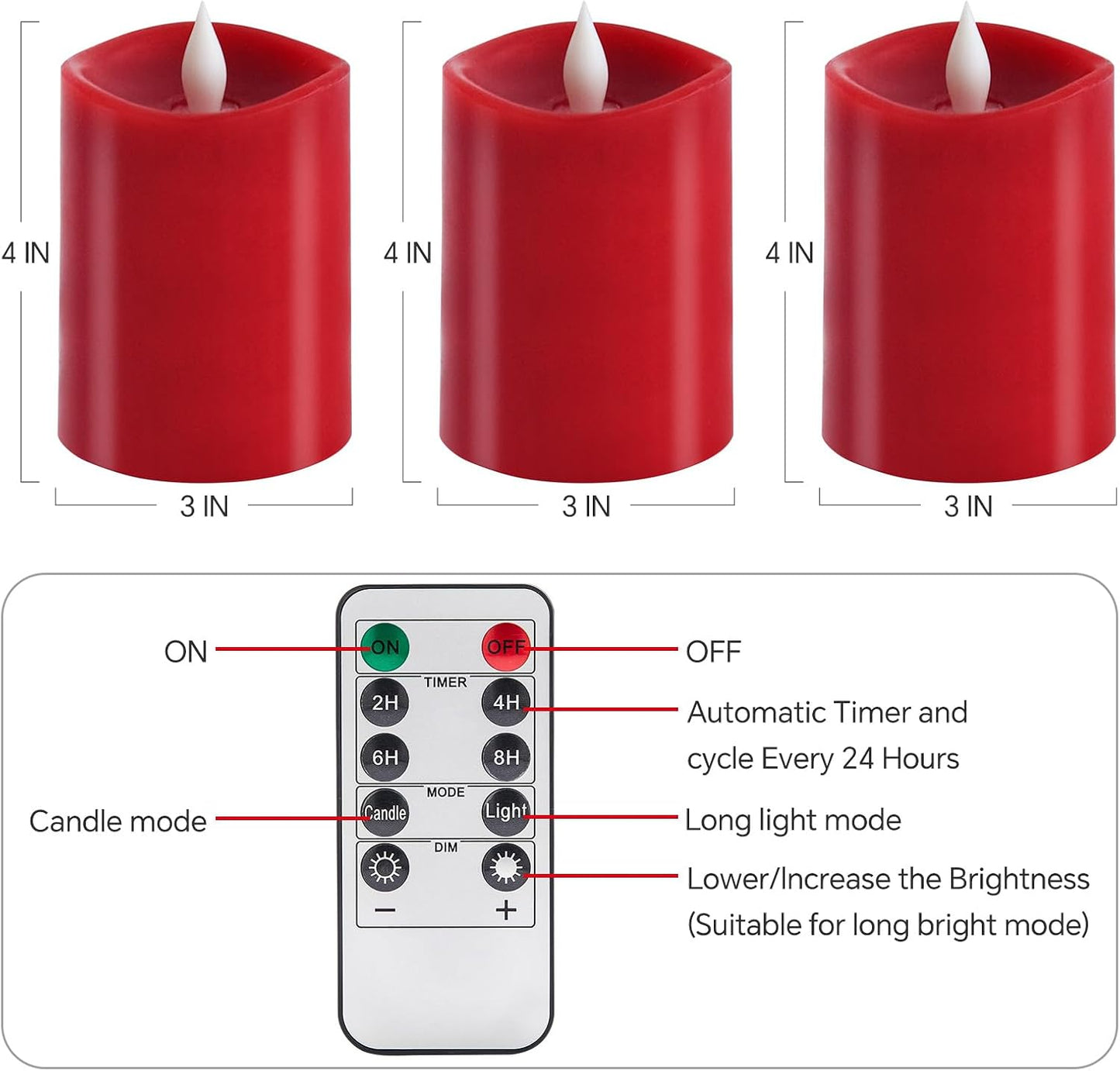 3x4 Flickering Flameless Candles Set of 3,Real Wax Pillar led Candles Flickering,4 inch Flameless Candles with