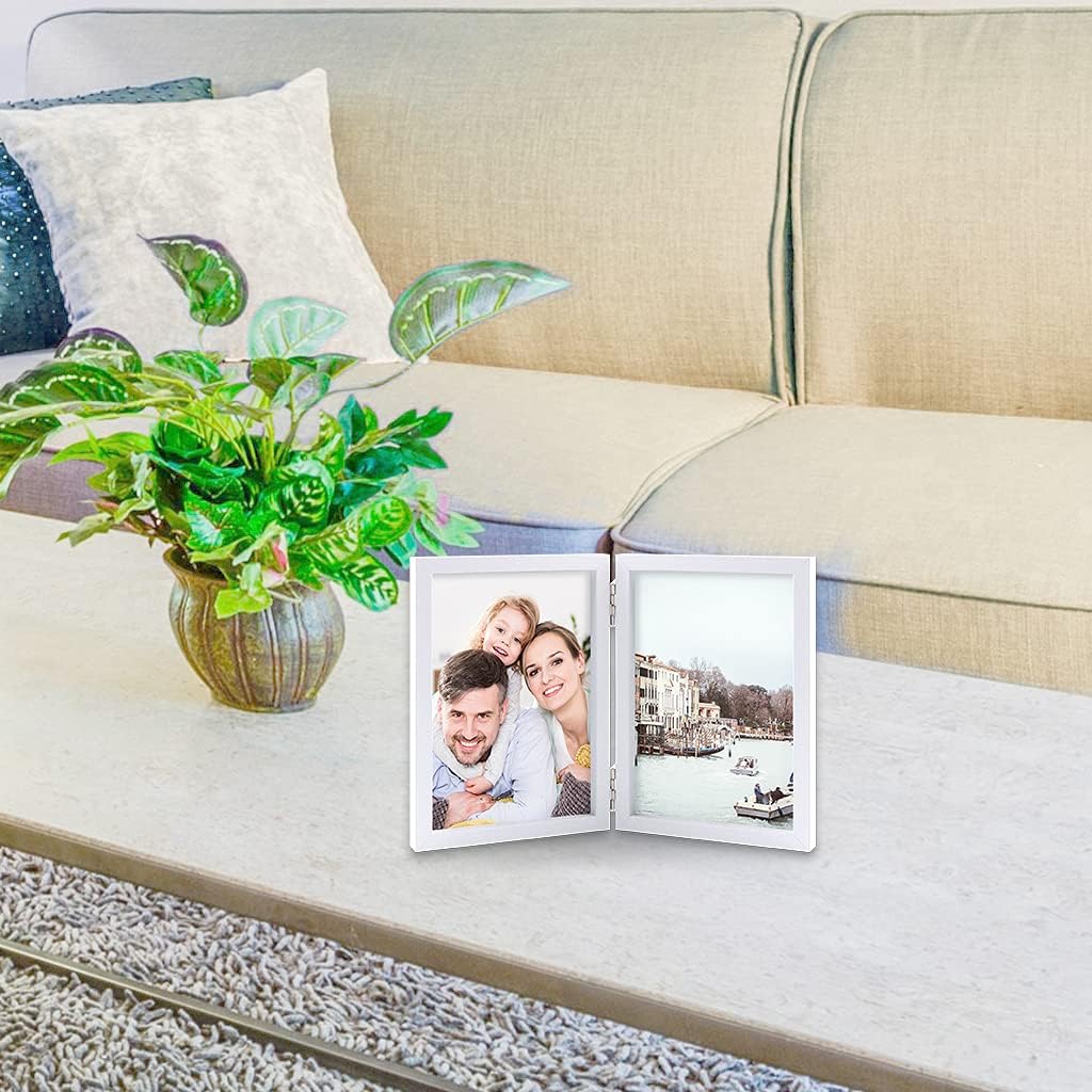 4x6 Double Picture Frames Hinged MDF Wood with Real Glass Stand Vertical on Tabletop, White (Pack of 3)