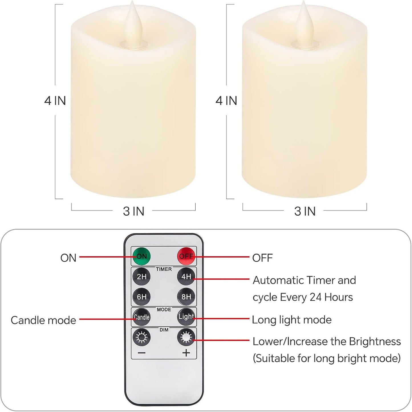 3x4 Flickering Flameless Candles Set of 2,Real Wax LED Battery Candles,with Timer,4 inch Flameless Candles with