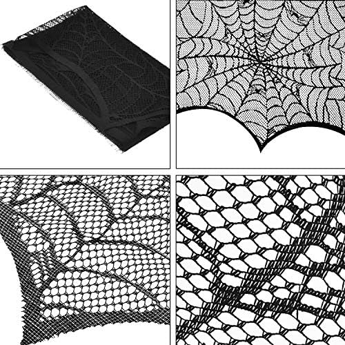 Jovitec Round Lace Table Topper Black Spider Tablecloth and Fireplace Spider Decorations Lace Spiderweb Mantle Scarf Cover for Halloween Window, Dinner Party, Festival Party, Scary Movie Nights