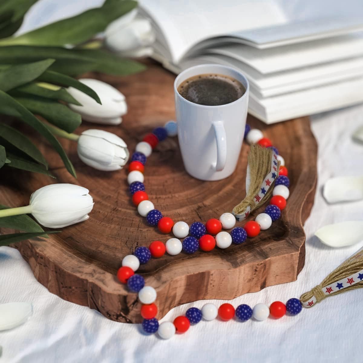 Patriotic Wood Bead Garland / Yd-wood Beed-07-us / Set of 2