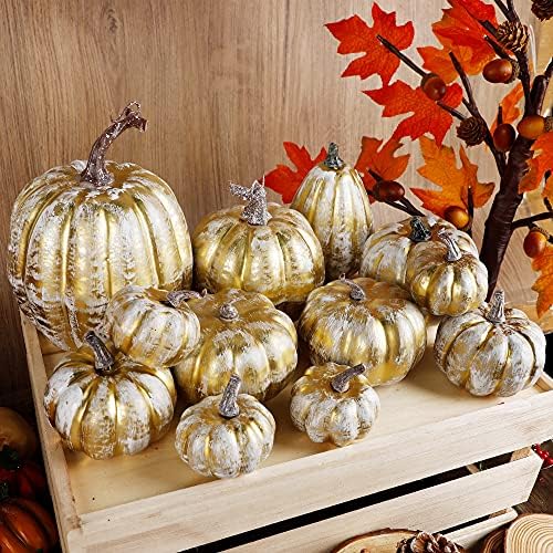 winemana 12 Pcs Pumpkin Fall Decorations, Golden Artificial Pumpkins