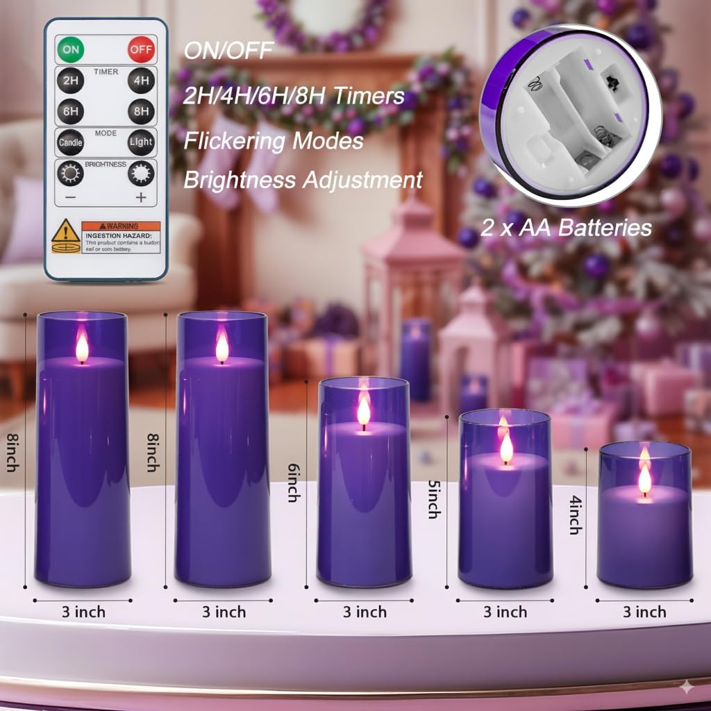 Homemory Purple Flickering Flameless Candles, Battery Operated Acrylic LED Pillar Candles with Remote Control and