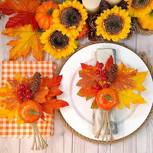 4PCS Fall Napkin Rings Pumpkin Napkin Rings Holder Maple Leaves Table Decor