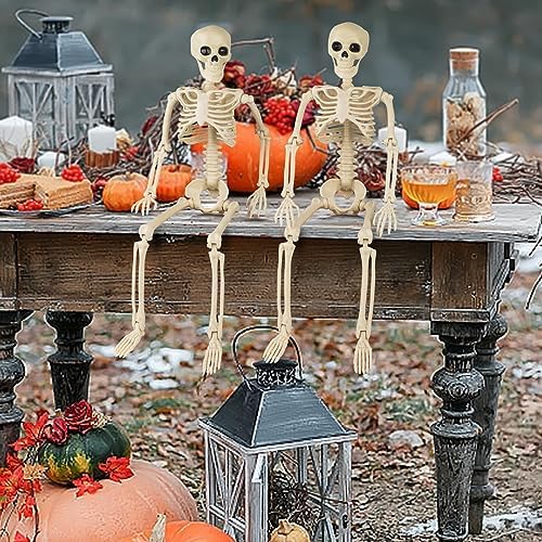 GoClimber 2 Pack Posable Small Halloween Skeleton, 16" Full Body Halloween Skeleton Decor with Movable Joints, Party Indoor Decorations