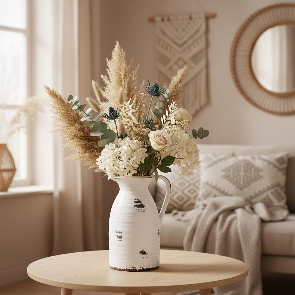 Farmhouse Pitcher Vase for Flowers- Ceramic Pitcher Vase Decrative / White and Qntique Pitcher Vase