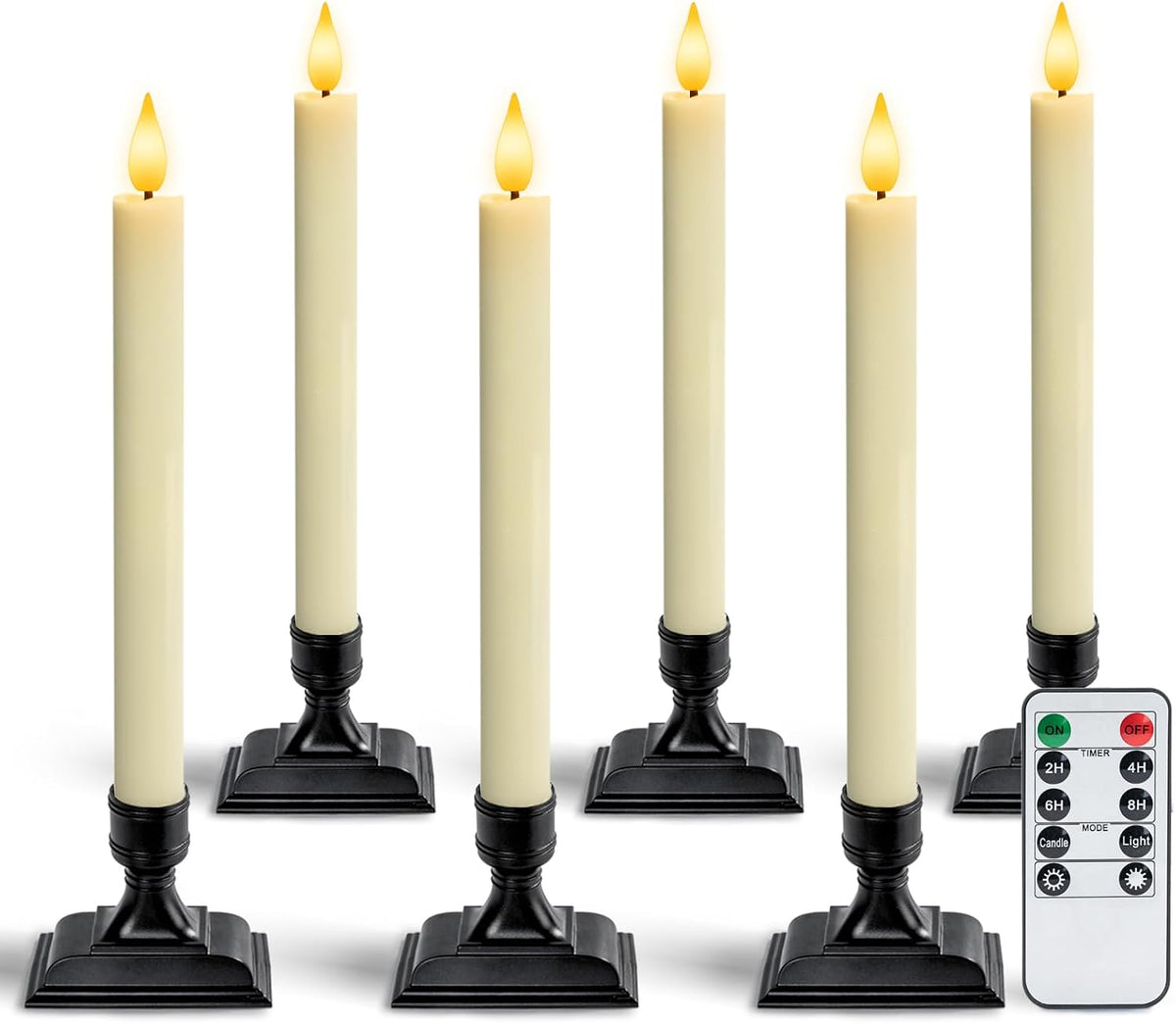 Homemory Real Wax Window Candles with Remote Timer Dimmer, Flameless Taper Candles with Holders, Christmas Candle for Window Battery Operated, LED Candlesticks for Home Holiday Decor,6 Pcs Ivory