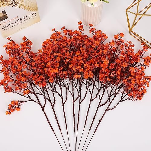 8Pcs Artificial Fall Flowers Real Touch Babys Breath Fake Orange Flowers