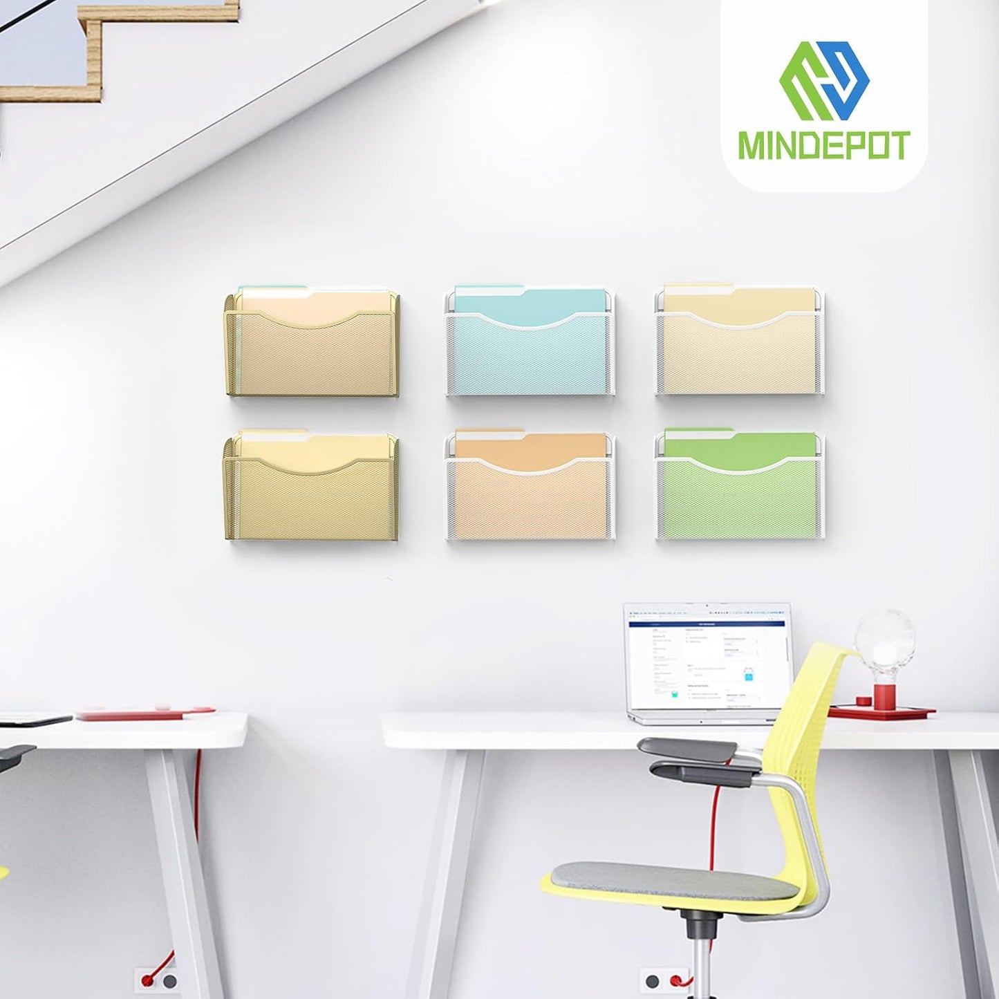 MINDEPOT Wall File Organizer, Hanging Wall File Holder, 3 Pack, Gold | Heavy Duty Iron, Metal Mesh Wall Mount, Single