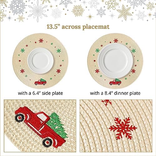 Feuille Round Christmas Placemats Set of 4 13.5 Inch Beige Snowflake Placemats for Round Tables Truck Winter Placemats Perfect for Indoor Christmas Decorations