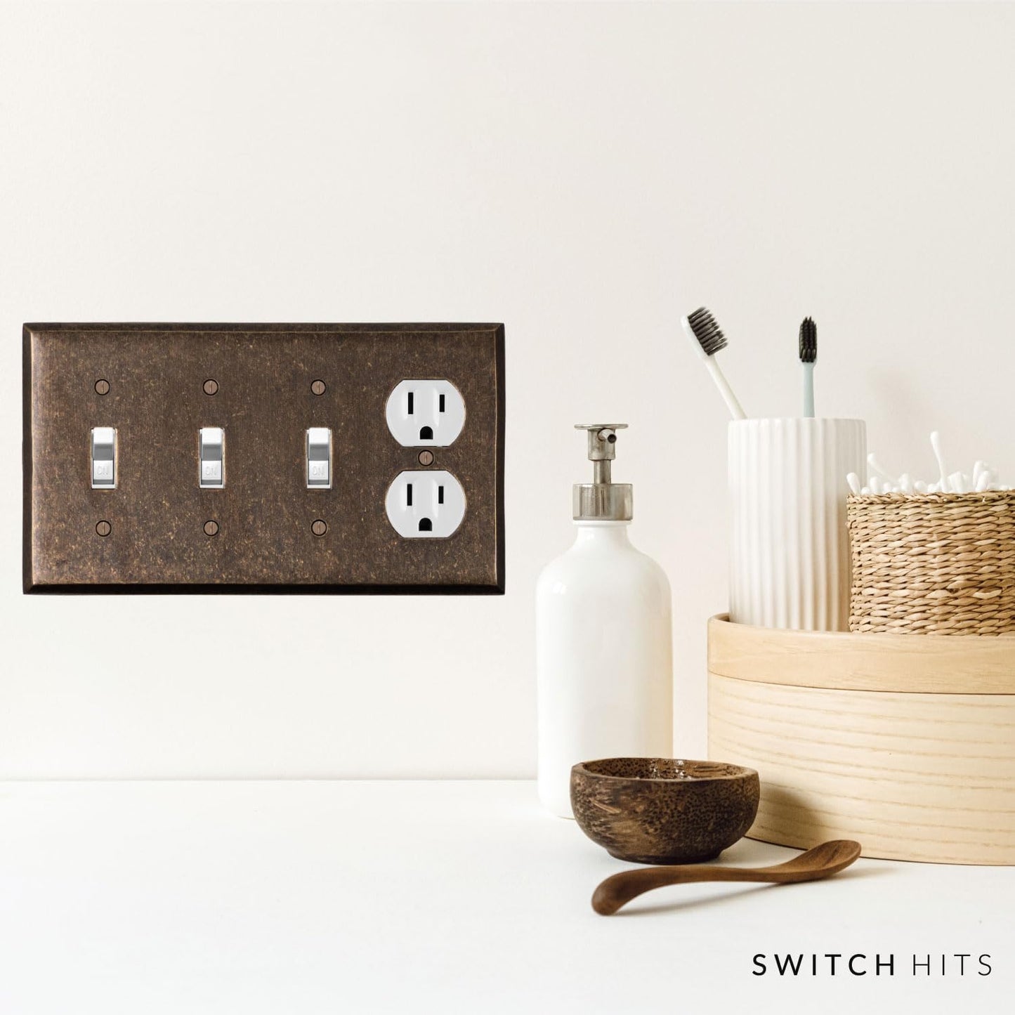 Triple Light Switch Plate Outlet Cover GFCI Wall Plate | 3 Toggle - 1 Duplex Mottled Antique Brass Electrical Faceplate