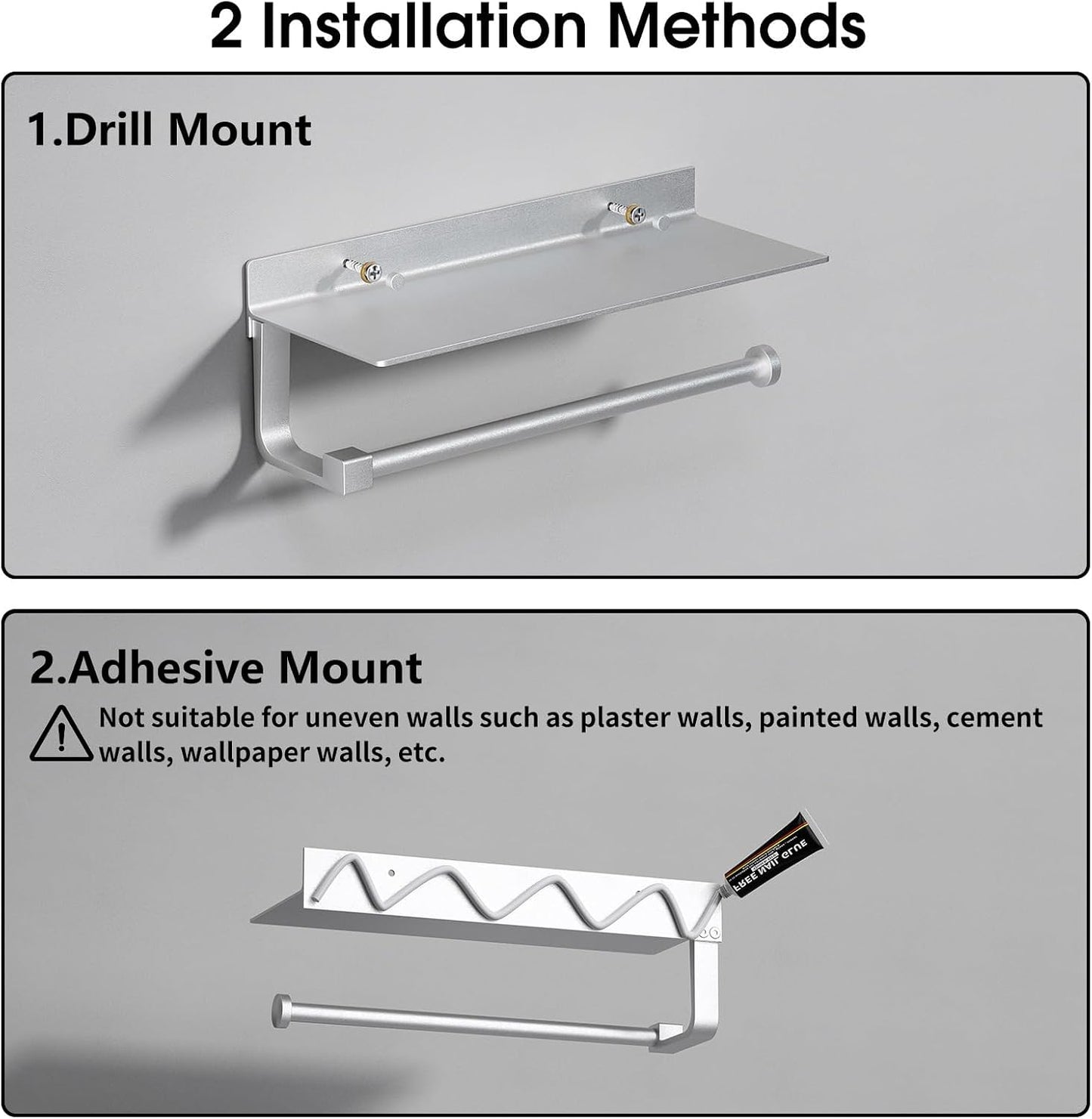 Wall Mount Paper Towel Holder with Shelf for Bathroom/Kitchen, Adhesive Hand Towel Holder, Matte Silver