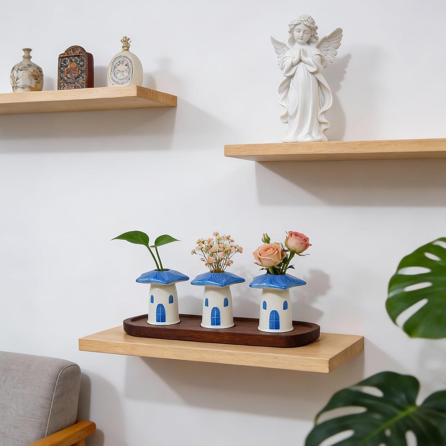 House Ceramic Bud Vase / Birdhouse Bud Vase / Blue / Set of 3