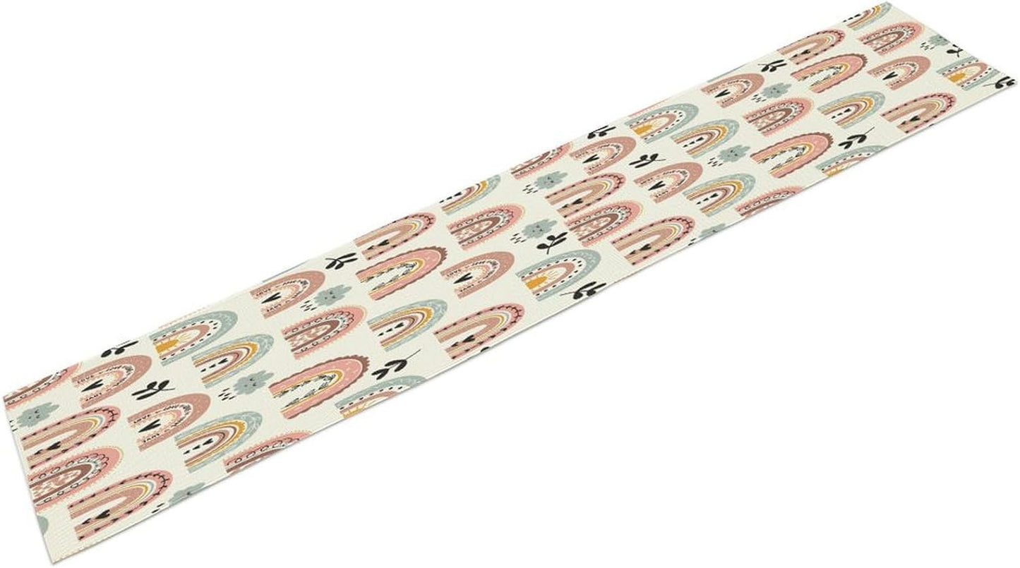 Boho Rainbow Table Runner Abstract Cute Cartoon Star and Leaf Pattern Printed Linen Table Runner for Home Kitchen