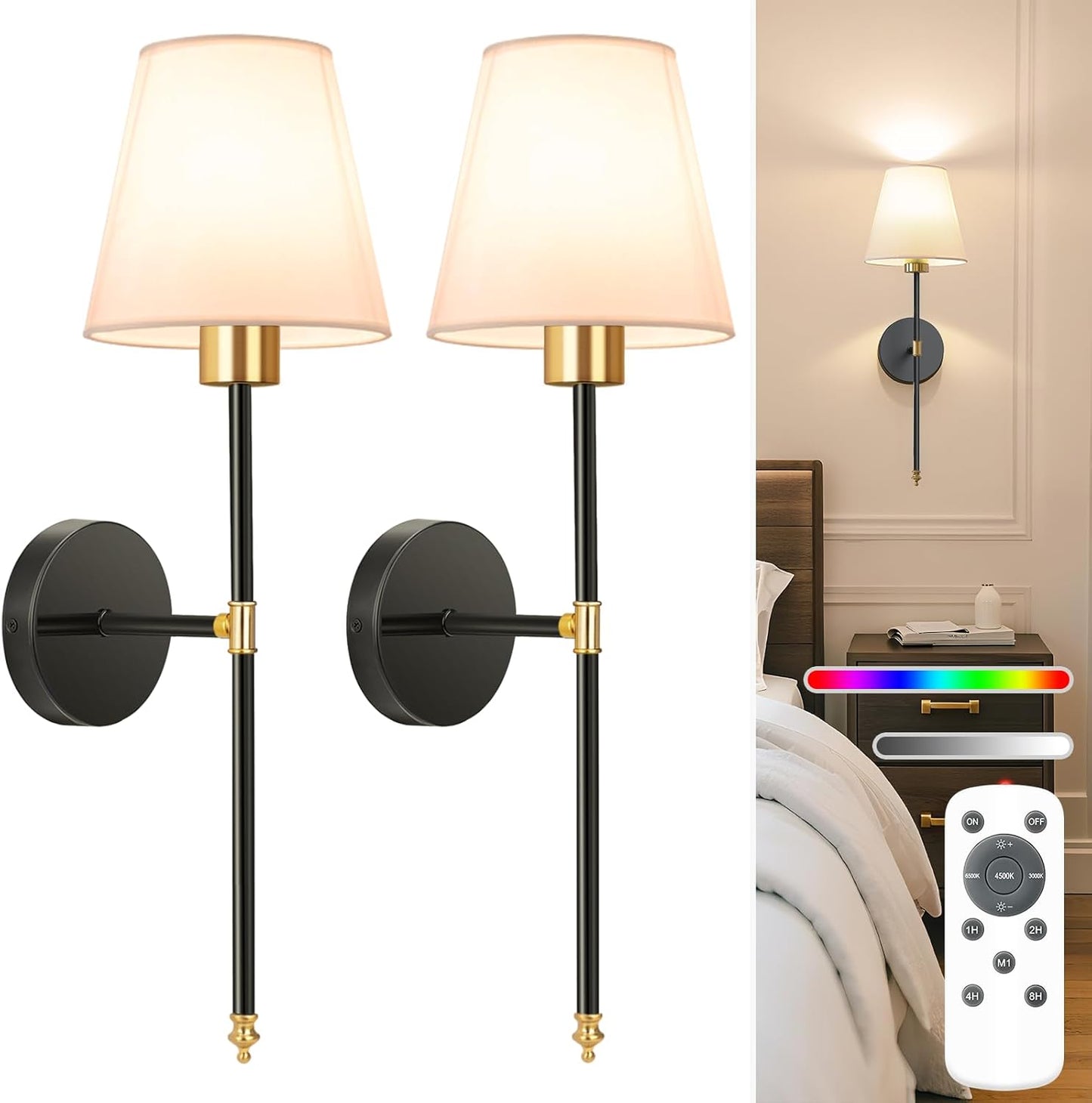 NIORSUN 19.9 inch Battery Operated Wall Sconce Set of 2,Gold-Black Rechargeable Wall Lights with 10400mAh Dimmable