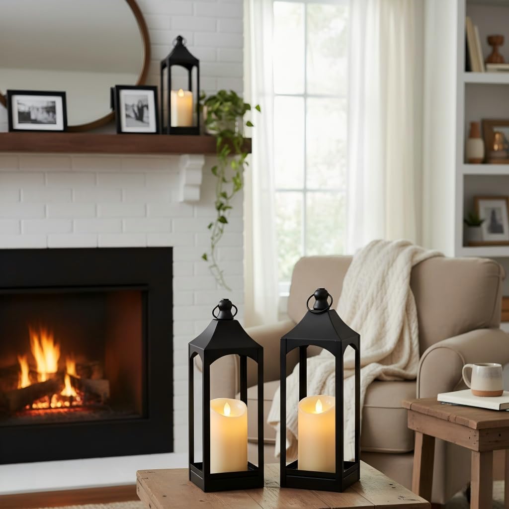 LETINE 2-Pack 12.67" Black Metal Farmhouse Candle Lanterns with LED Flameless Candles – Decorative Indoor/Outdoor Fall