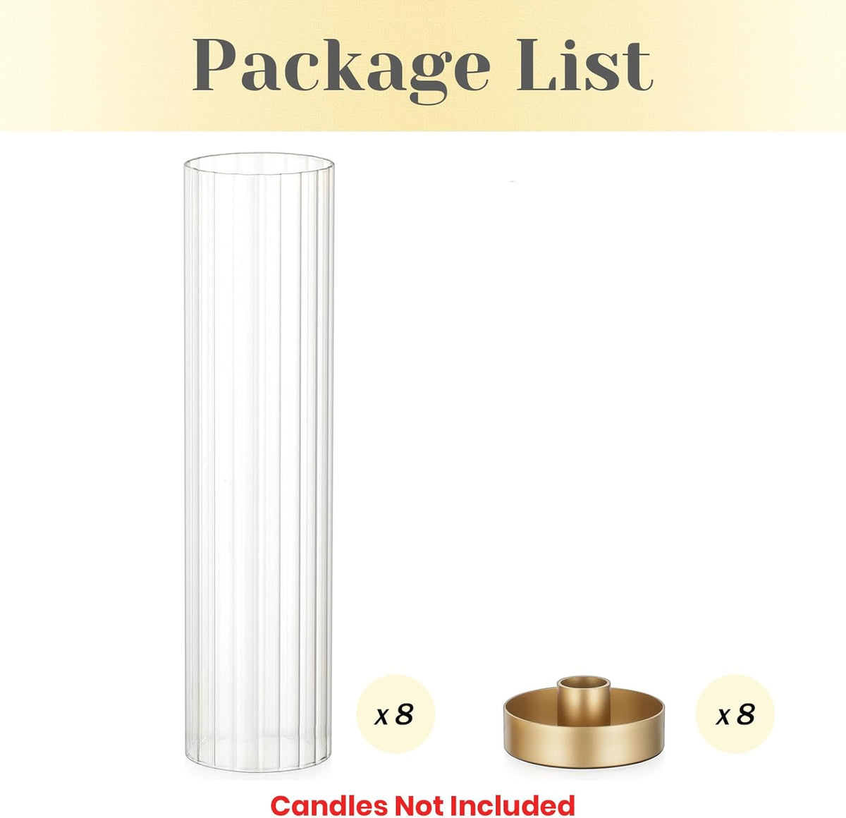 Hewory Hurricane Glass Candle Holders: Set of 8 Gold Candlestick Holders with 11" Tall Clear Cylinder Hurricane Cover