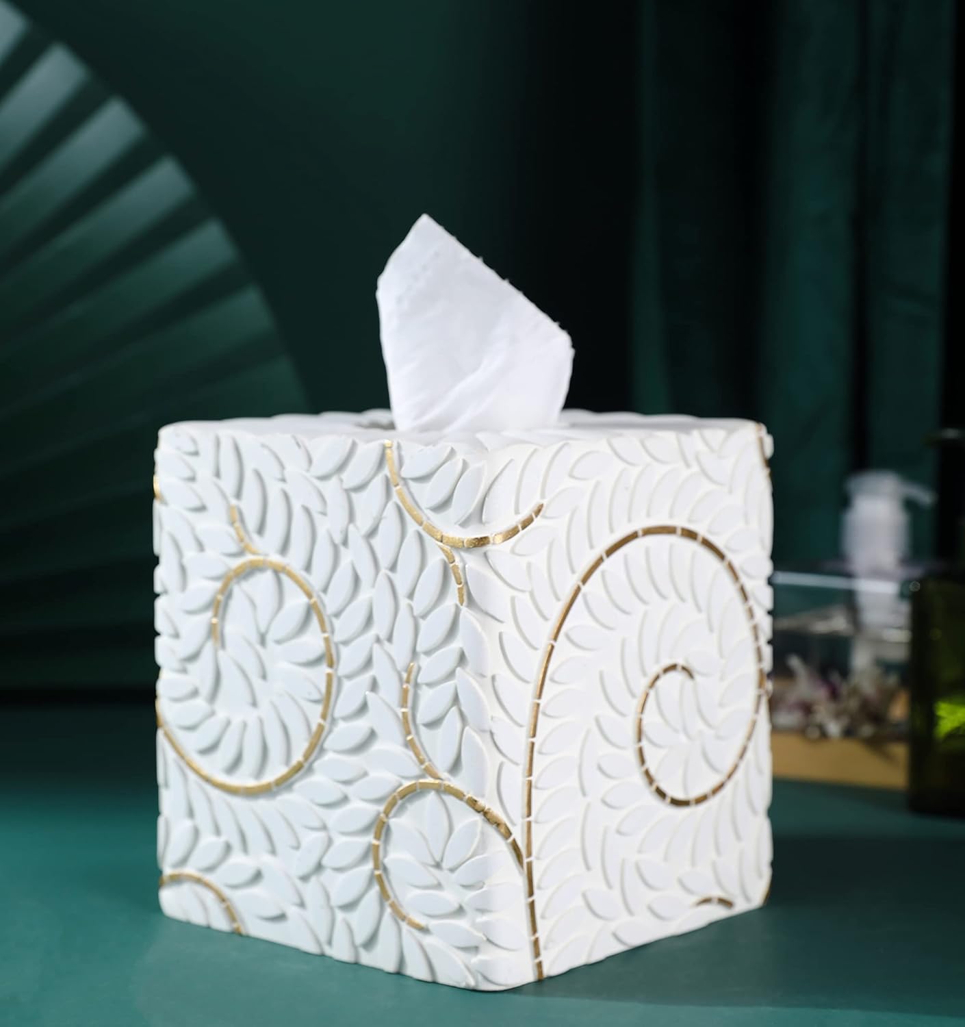 Modern Square Tissue Box Cover Holder / Leaf White