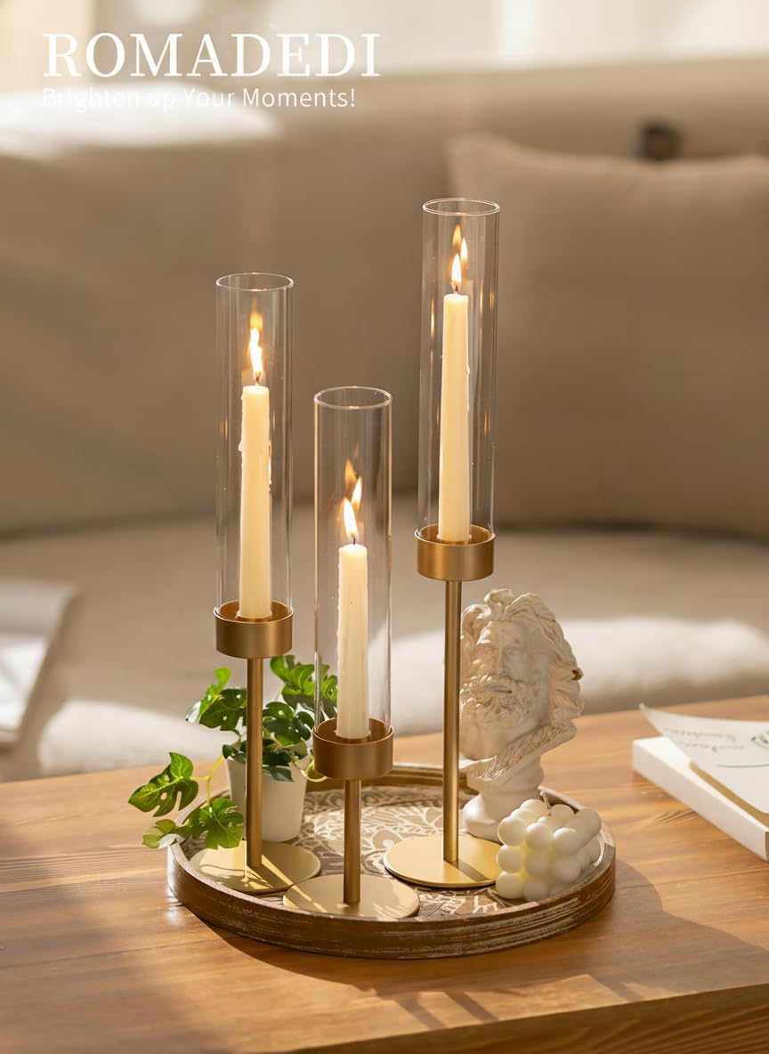 Romadedi Glass Hurricane Candle Holders for Candlestick, Gold, Set of 3 | Removable Borosilicate Clear Glass Cylinder