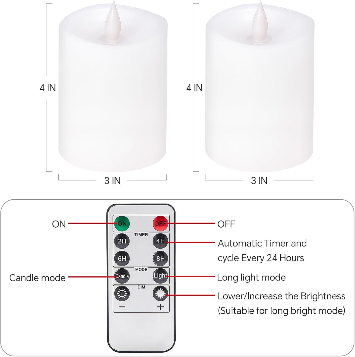 3x4 Flickering Flameless Candles Set of 2,Real Wax LED Battery Operated Candles,with Timer,4 inch Flameless Candles
