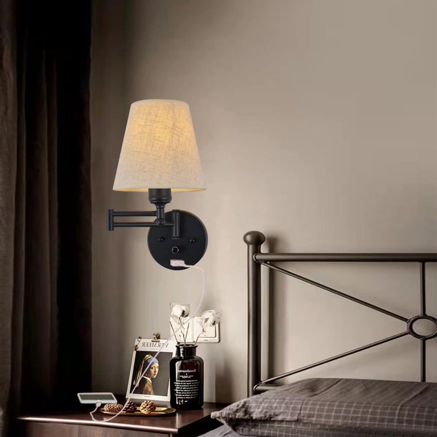 Bedside Wall Mount Light with Dimmable Switch and USB Port, Black Wall Sconce Light with Swing Arm and Plug in Cord