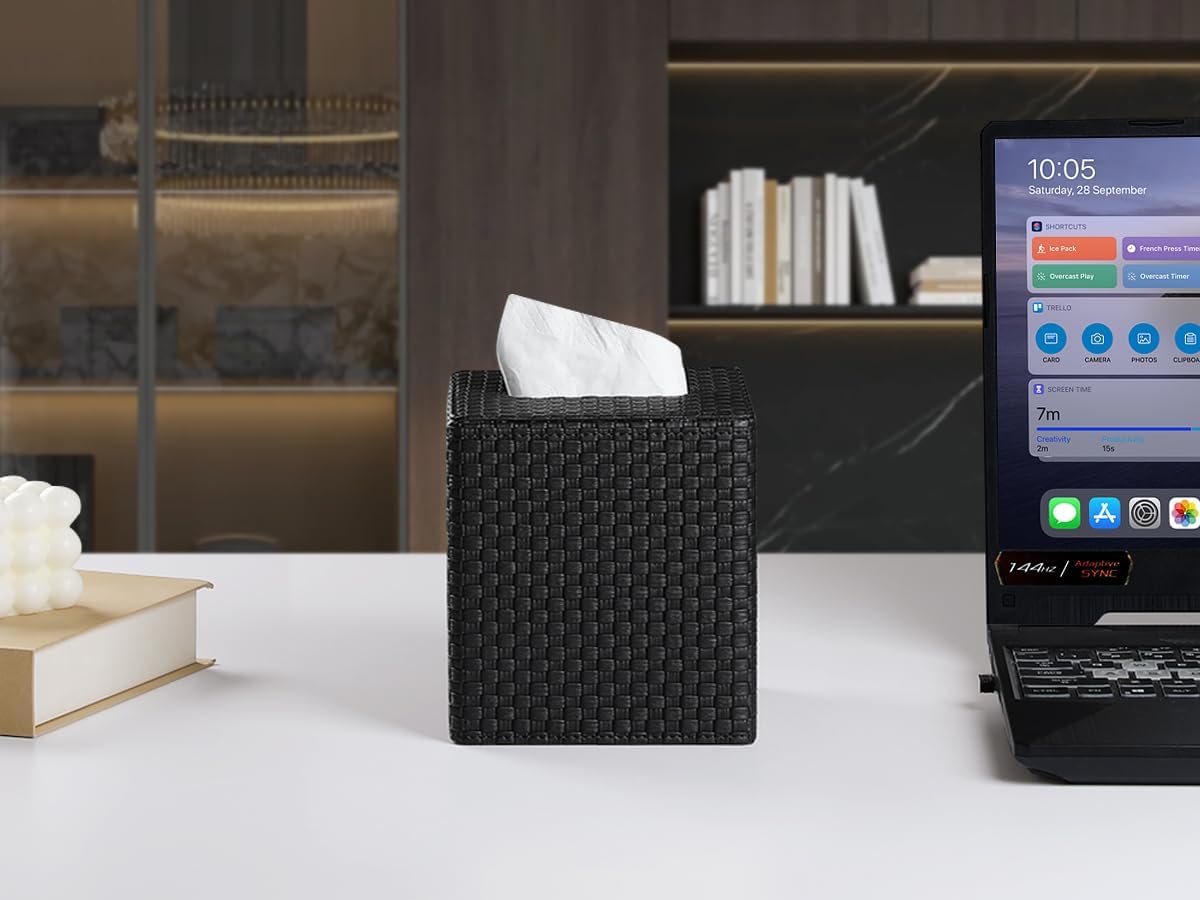 Square Tissue Box Cover / Black Woven Pattern
