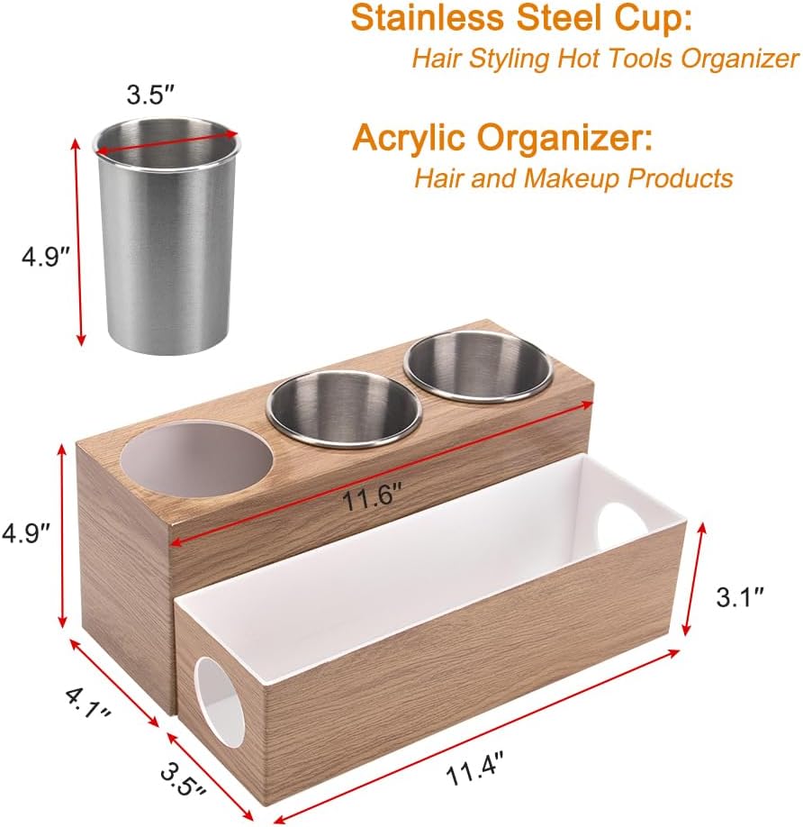 GFWARE Hot Hair Styling Tool Organizer with 3 Stainless Steel Cups, Wood | Hair Accessories Bathroom Vanity Storage
