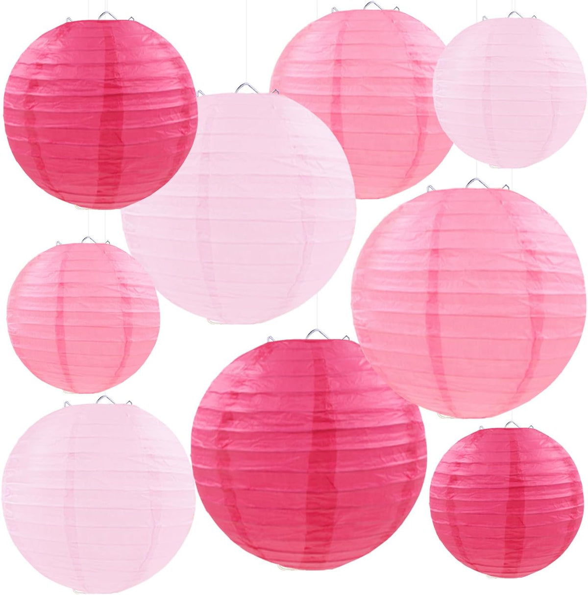 Pink Paper Lanterns Decorative, Pink Hanging Round Paper Lanterns for Wedding Bridal Baby Shower Valentines Day Gender Reveal (9 PCS)