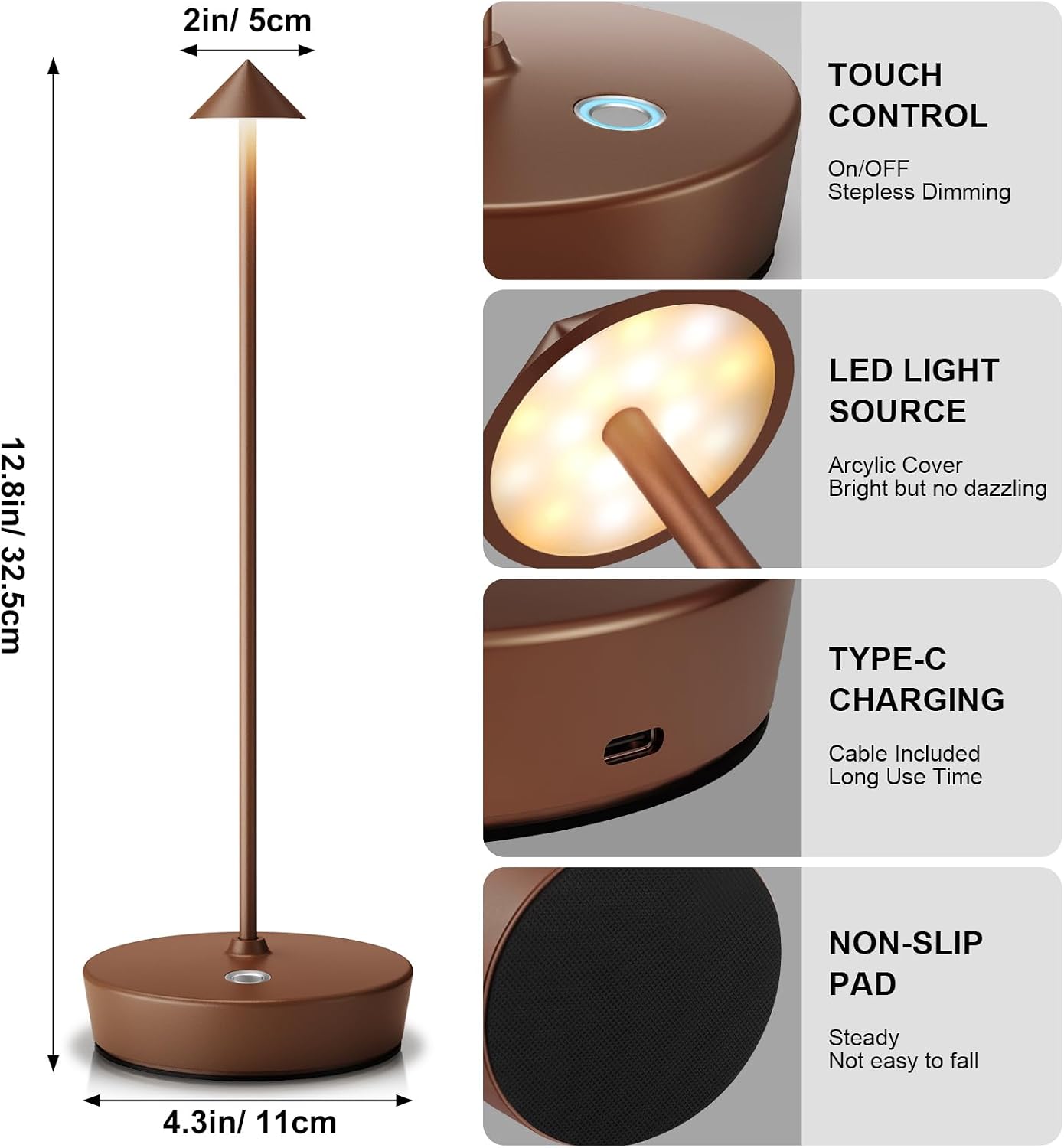 2Pack Rechargeable Cordless Table Lamp, Portable Powered LED Battery 6000mAh Metal USB Desk Lamp, 3 Levels Brightness