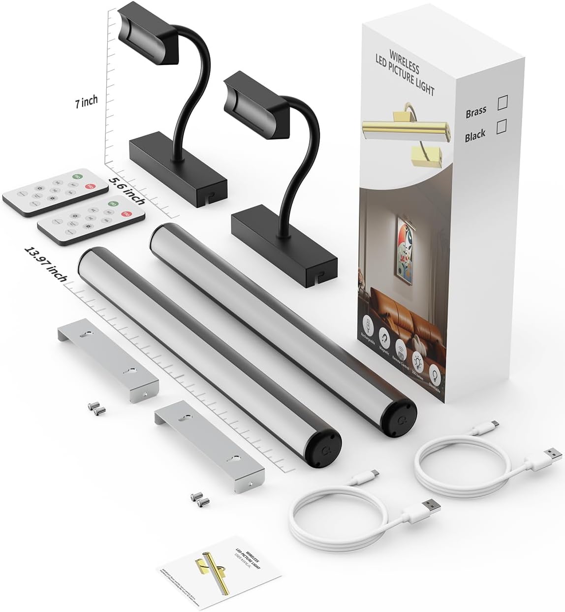 13" Wireless Picture Lights for Wall, Rechargeable Art Light, 2Pack Black | Aluminum Photo Frame Light, Remote & Touch