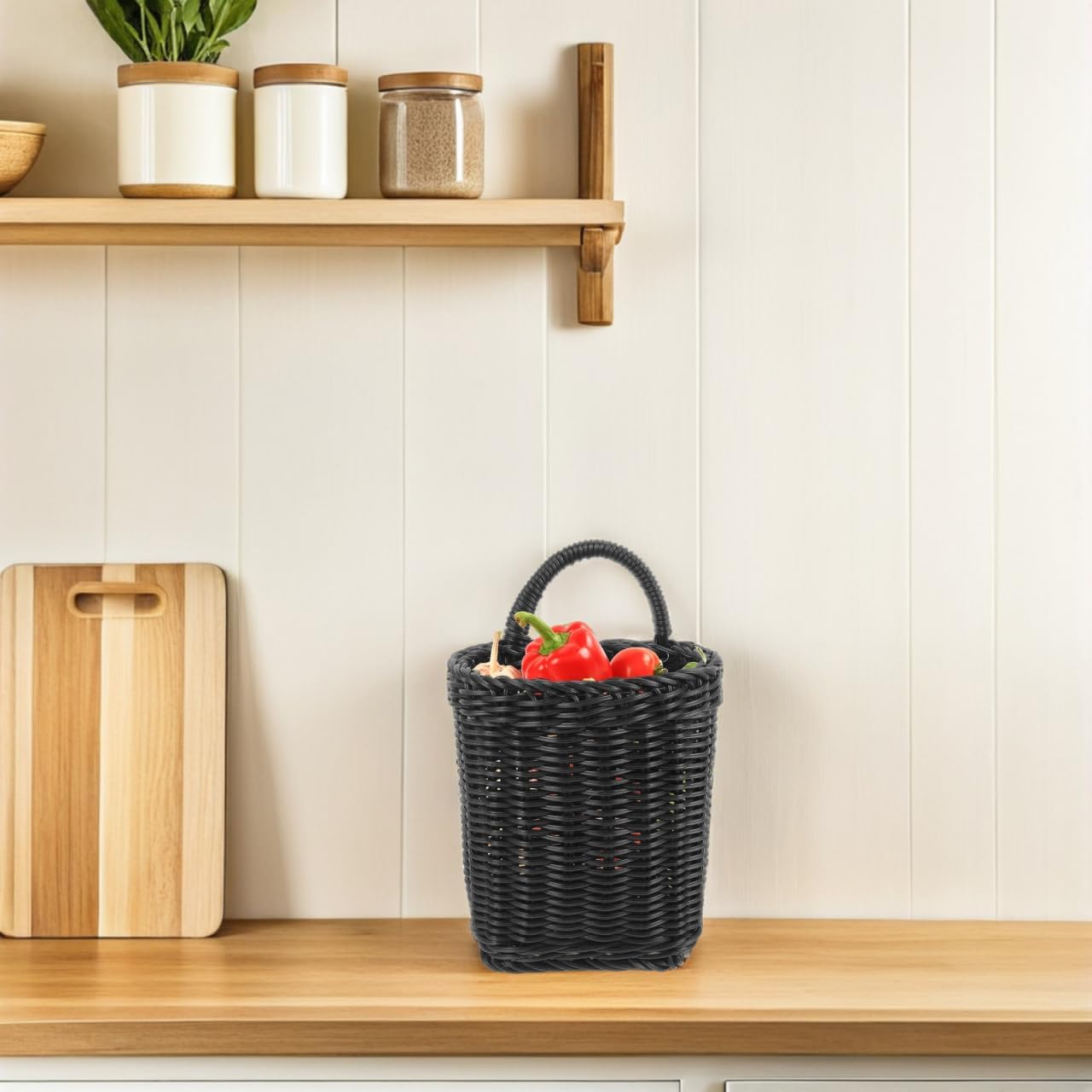 Plastic Wicker Storage Basket Nordic Style Hanging Organizer / Black