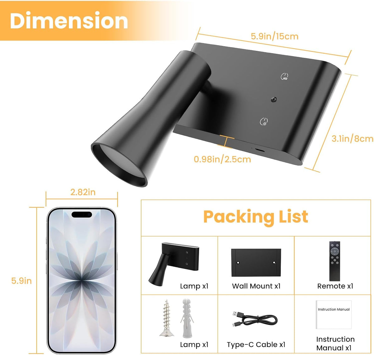 Wall Sconce Battery Operated Reading Lights, 10000mAh Rechargeable Wireless LED Wall Lights, 3 Color Temperatures
