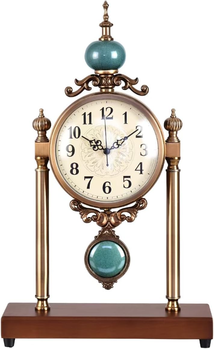 Vintage Mantel Clock, Silent Non-Ticking Table Clock with Pendulum, Luxury Metal & Wood Desk Clock for Living Room