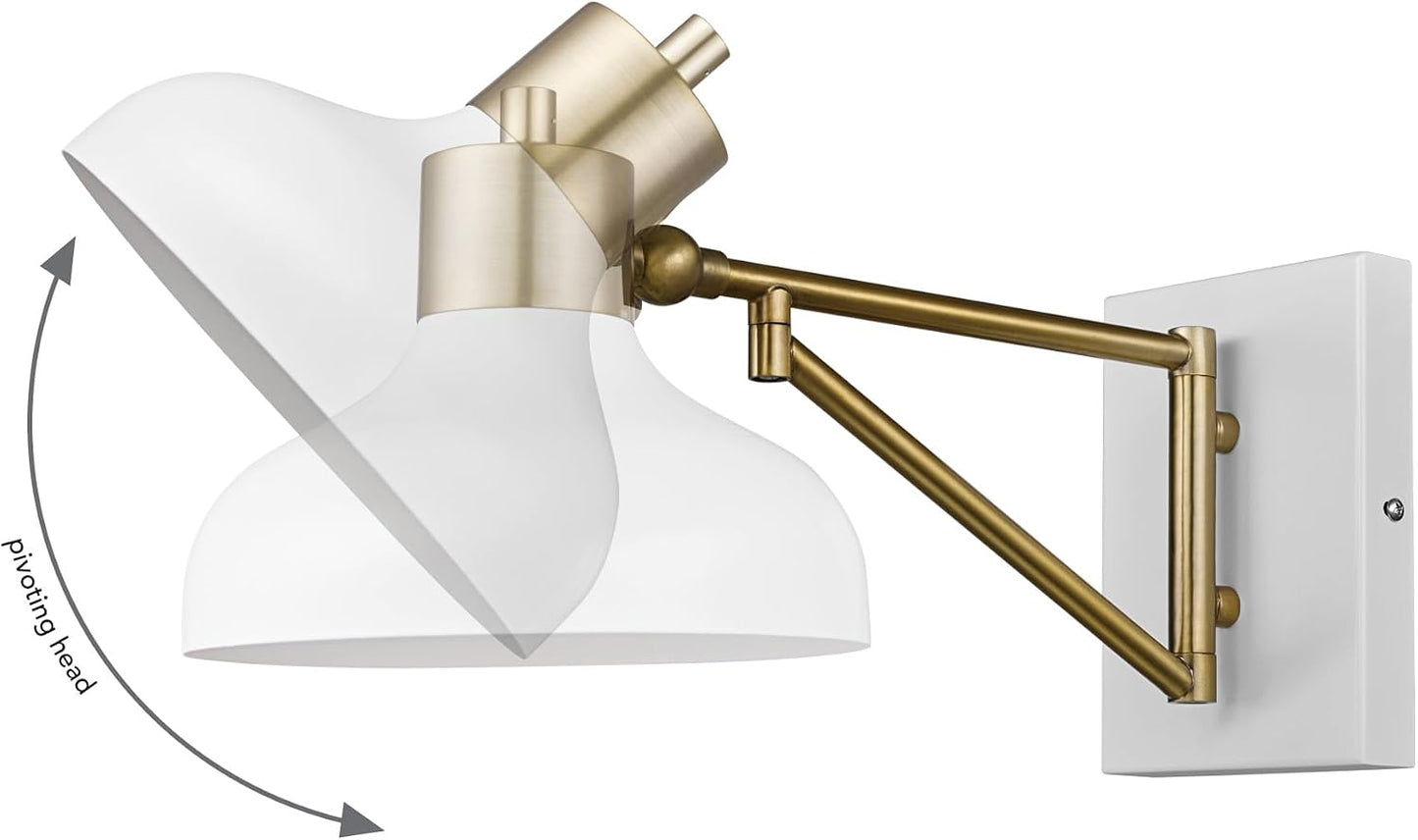 Globe Electric 51344 1-Light Plug-in or Hardwire Swing Arm Wall Sconce, White, Brass Accents, White-Cloth Cord, Mounted