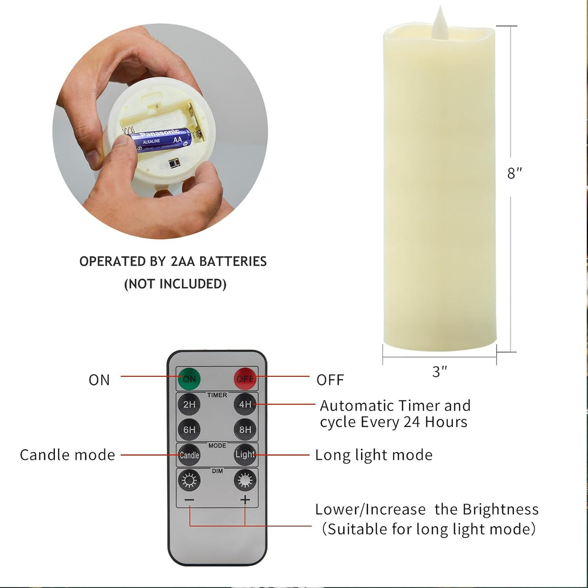 Flameless LED Candles 3"x8" Set of 2, Battery Operated with Remote & Timer, 600-Hour on 2 AA Batteries, Flickering