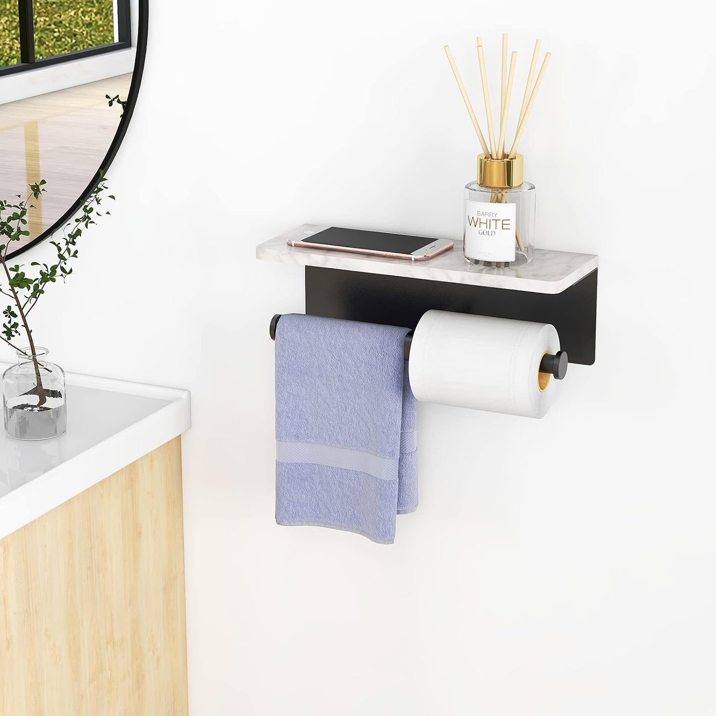 Gypie Toilet Paper Holder with Marble Shelf, Wall Mount, Double Black | Stainless Steel Tissue Roll Paper Holder