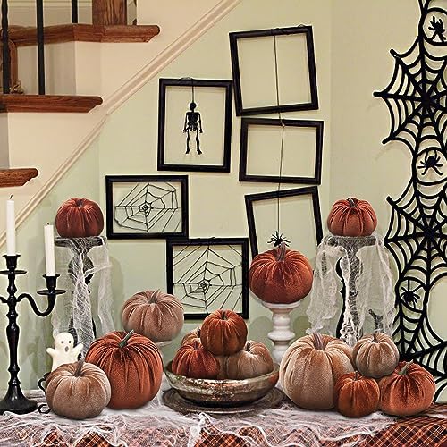 Woration 16pcs Fake Velvet Cloth Pumpkins for Fall Thanksgiving Halloween