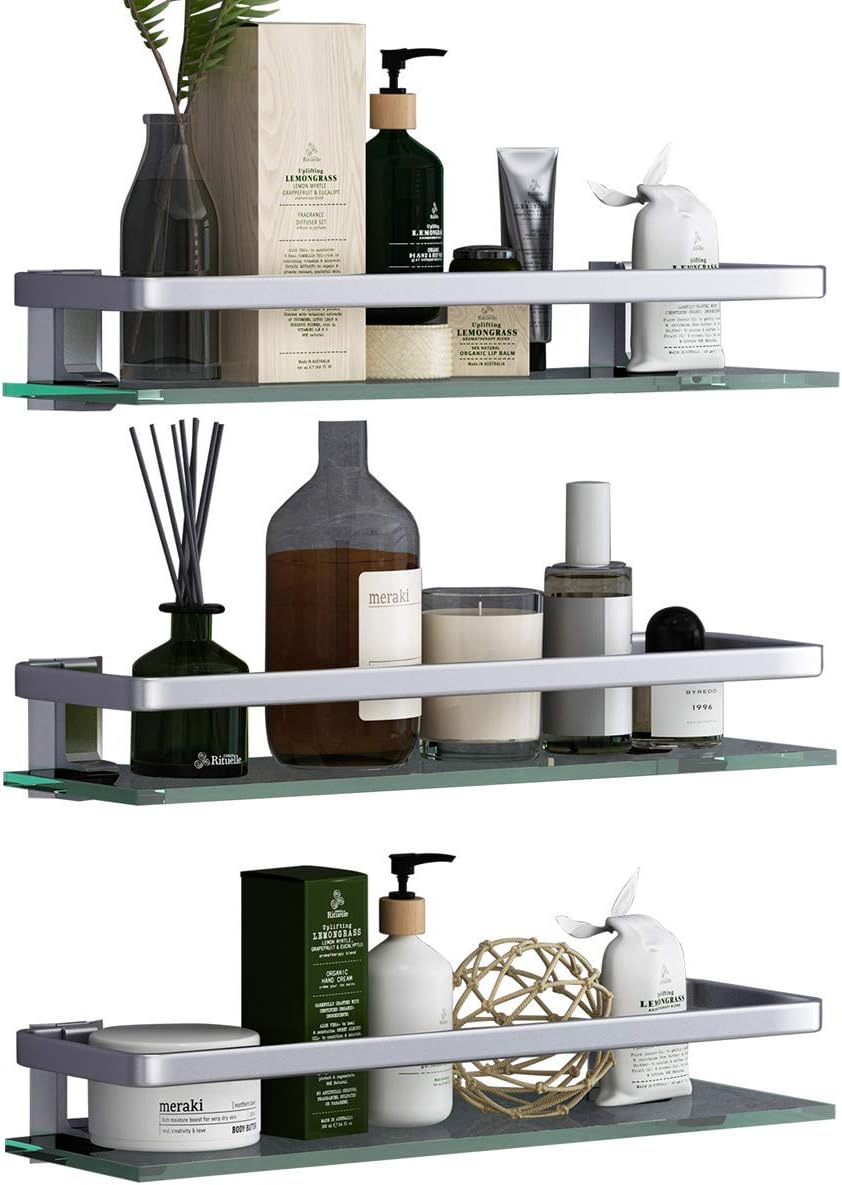 Bathroom Wall Shelf 15.7in Bathroom Glass Shelves Wall Mount Glass Shelf Rustproof Bathroom Wall Organizer 3 Tier
